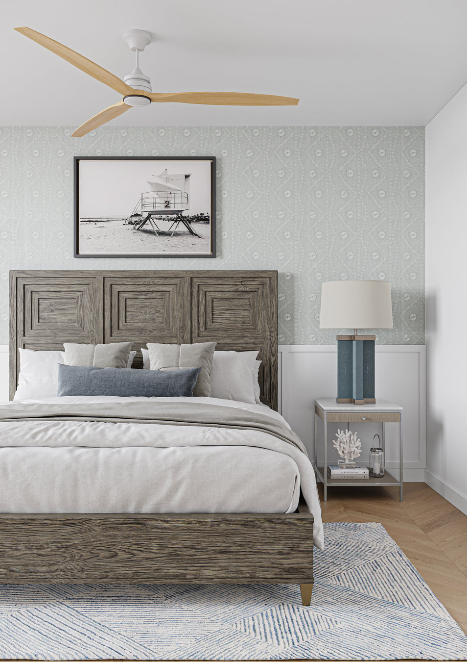 A serene and elegant bedroom with Claiborne decor, featuring soft lighting and minimalist design elements.