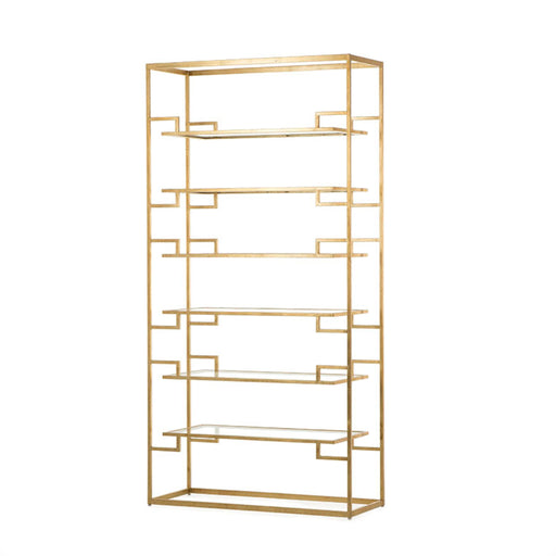 Gold metal frame bookshelf with asymmetrical shelves, ideal for luxurious and modern home office decor.