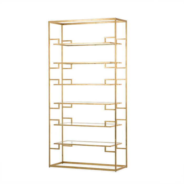 Gold metal frame bookshelf with asymmetrical shelves, ideal for luxurious and modern home office decor.