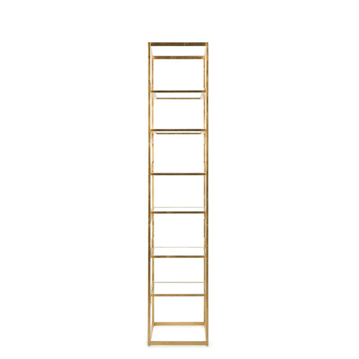 Gold metal frame bookshelf with asymmetrical shelves, ideal for luxurious and modern home office decor, Side look.