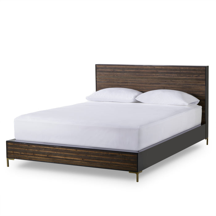 US Queen bed with a modern dark wood design and sleek gold legs, offering a contemporary and elegant addition to any bedroom, Angle View.
