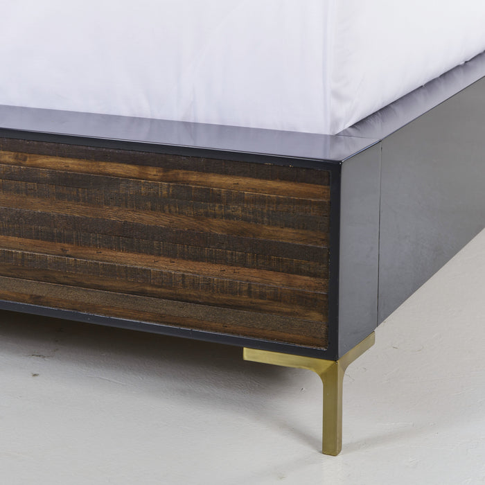 US Queen bed with a modern dark wood design and sleek gold legs, offering a contemporary and elegant addition to any bedroom, Detail View.