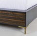 US Queen bed with a modern dark wood design and sleek gold legs, offering a contemporary and elegant addition to any bedroom, Detail View.
