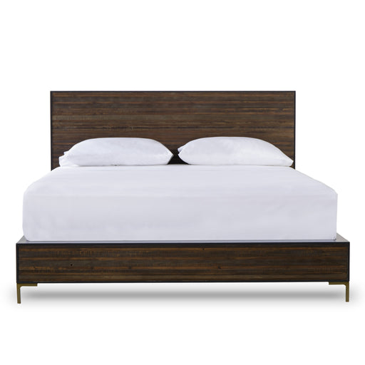 US Queen bed with a modern dark wood design and sleek gold legs, offering a contemporary and elegant addition to any bedroom, Front View.