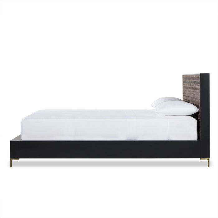 US Queen bed with a modern dark wood design and sleek gold legs, offering a contemporary and elegant addition to any bedroom, Side View.