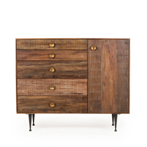 Modern wooden dresser with six spacious drawers and sleek metal handles, offering ample storage and a contemporary touch to any bedroom, Front View.