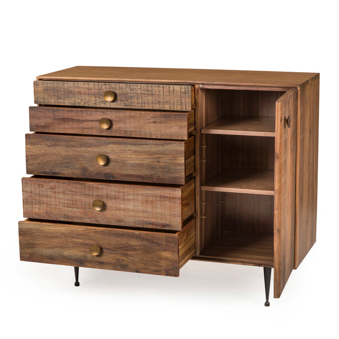 Modern wooden dresser with six spacious drawers and sleek metal handles, offering ample storage and a contemporary touch to any bedroom, Drawers Open View.