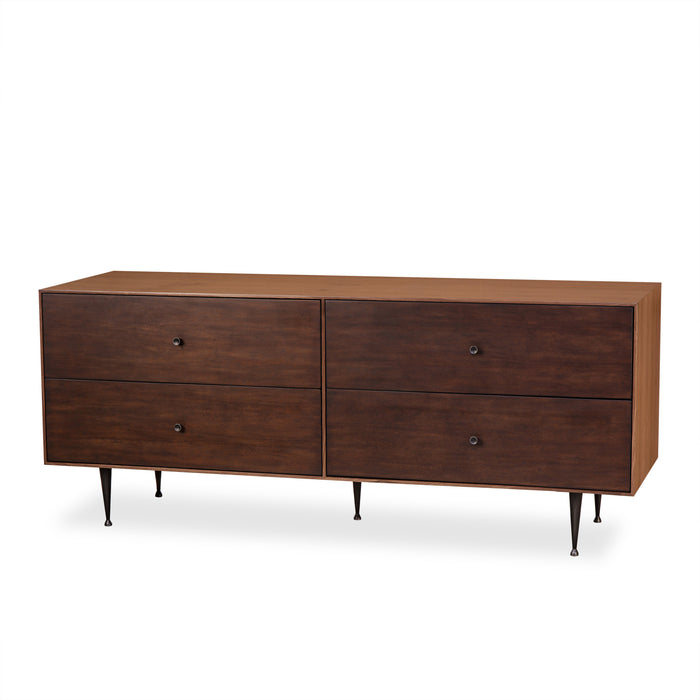  Modern dark wood dresser with four spacious drawers, minimalist design, and tapered legs for versatile storage in any bedroom or living space, Angle View..