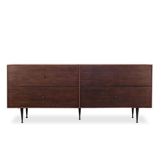  Modern dark wood dresser with four spacious drawers, minimalist design, and tapered legs for versatile storage in any bedroom or living space, Front View.