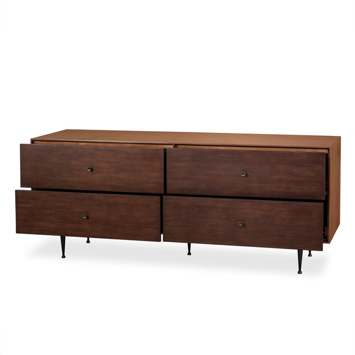  Modern dark wood dresser with four spacious drawers, minimalist design, and tapered legs for versatile storage in any bedroom or living space, Open View.