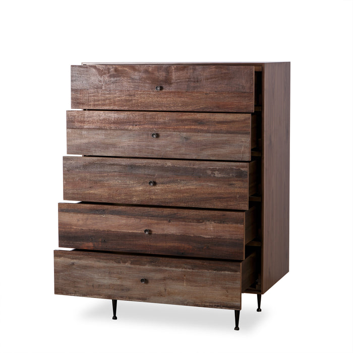 Rustic wooden dresser with horizontal planks and round knobs on black metal legs, perfect for bedroom storage solutions, Drawers opened View.