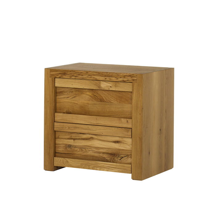 Rustic two-drawer wooden nightstand with a natural wood grain finish, offering a functional and charming storage solution for any bedroom, Angle View.