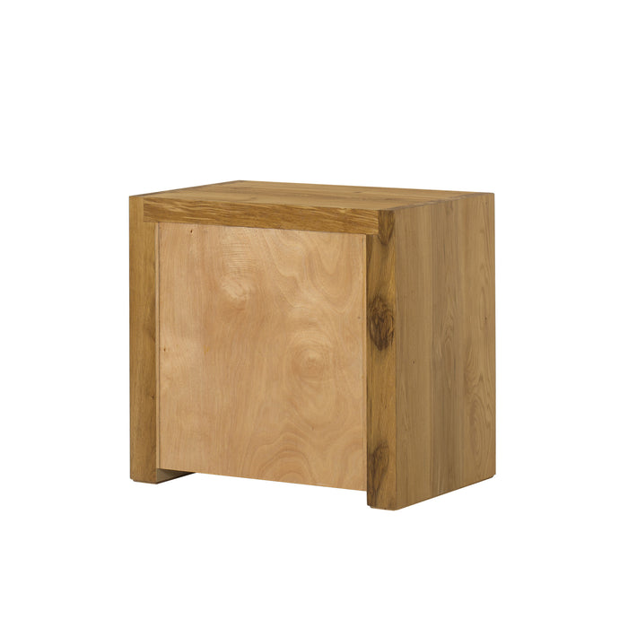 Rustic two-drawer wooden nightstand with a natural wood grain finish, offering a functional and charming storage solution for any bedroom, Back View.