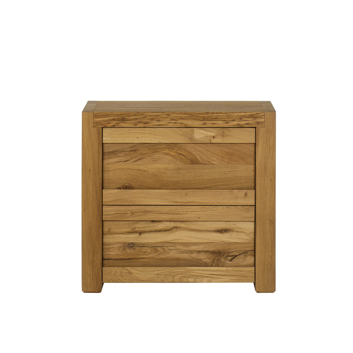 Rustic two-drawer wooden nightstand with a natural wood grain finish, offering a functional and charming storage solution for any bedroom, Front View.