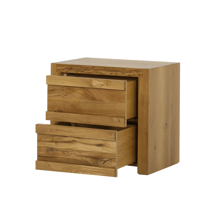 Rustic two-drawer wooden nightstand with a natural wood grain finish, offering a functional and charming storage solution for any bedroom, Open View.