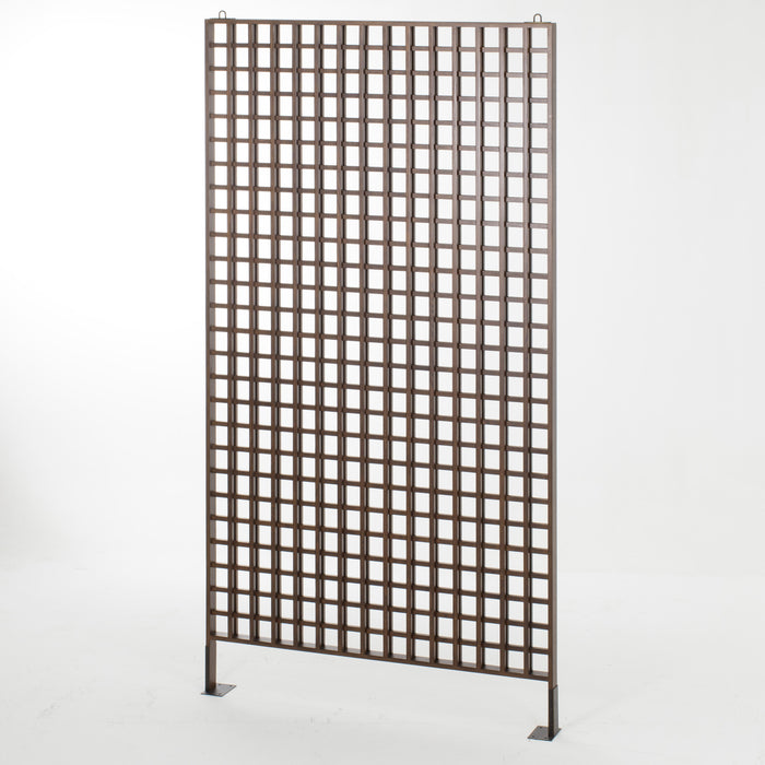 Large metal trellis with a minimalist grid design, measuring 60" W x 6" D x 111.5" H, providing a modern and functional addition to garden or patio decor, Angle View.