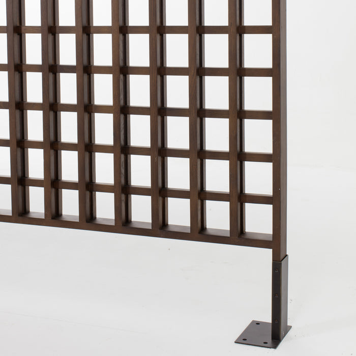 Large metal trellis with a minimalist grid design, measuring 60" W x 6" D x 111.5" H, providing a modern and functional addition to garden or patio decor, Detail View 1.