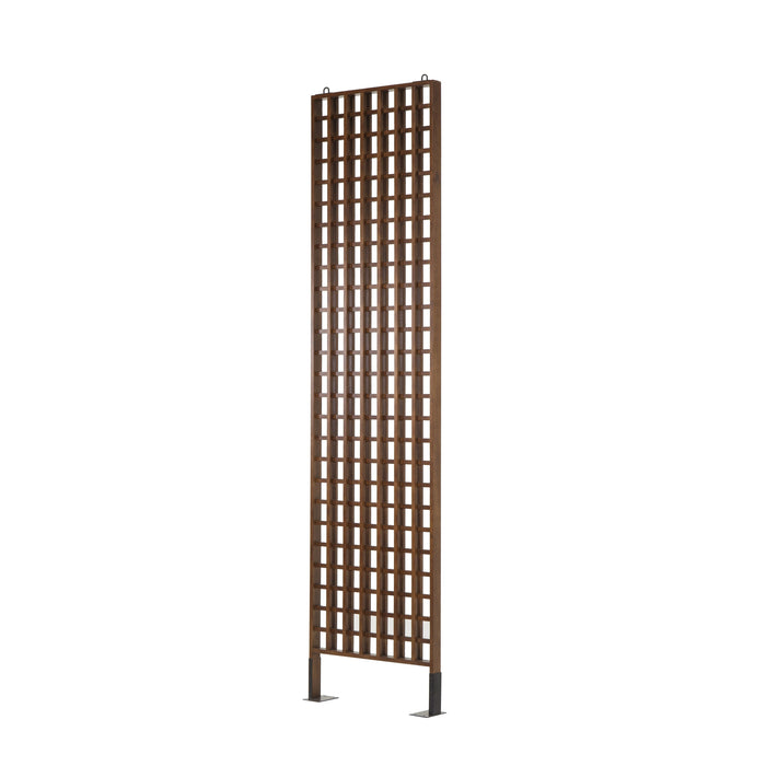  Tall metal trellis with a minimalist grid design, measuring 28.5" W x 6" D x 111.5" H, offering a stylish and functional addition for garden or patio decor, Angle View.