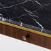 Chic console table with a black marble top, walnut wood drawers, and a brass-finished frame, perfect for luxurious entryways, Detail View 1.