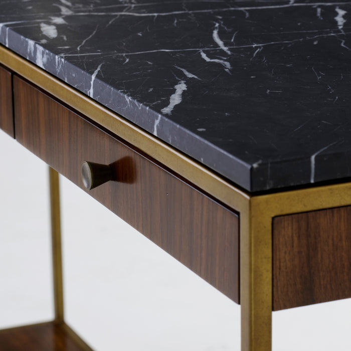 Chic console table with a black marble top, walnut wood drawers, and a brass-finished frame, perfect for luxurious entryways, Detail View 3.