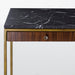 Chic console table with a black marble top, walnut wood drawers, and a brass-finished frame, perfect for luxurious entryways, Detail View 5.
