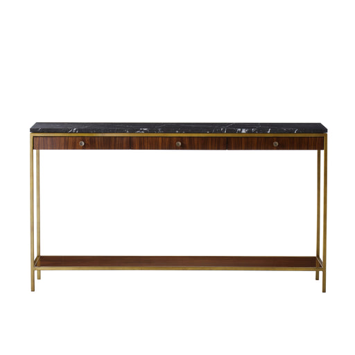 Chic console table with a black marble top, walnut wood drawers, and a brass-finished frame, perfect for luxurious entryways, front view.