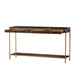 Chic console table with a black marble top, walnut wood drawers, and a brass-finished frame, perfect for luxurious entryways, Drawers open view.
