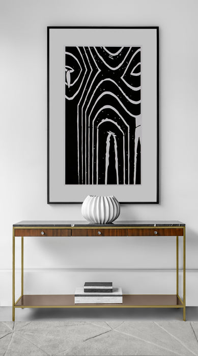 Chic console table with a black marble top, walnut wood drawers, and a brass-finished frame, perfect for luxurious entryways, placed in a living view 1.
