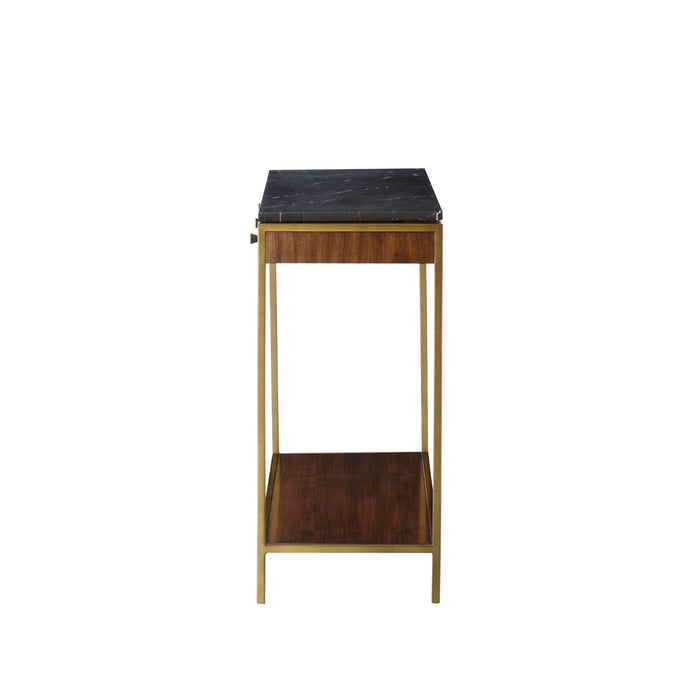 Chic console table with a black marble top, walnut wood drawers, and a brass-finished frame, perfect for luxurious entryways, side view.