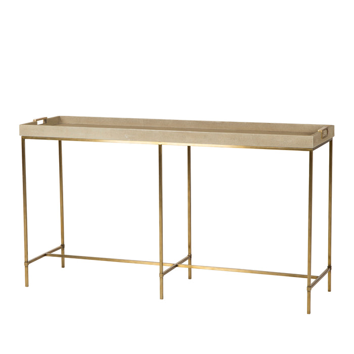 Minimalist console table with a beige textured top and slim metal legs, offering a chic and modern storage solution for any room, Angle View.
