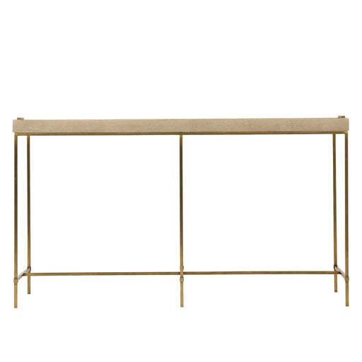 Minimalist console table with a beige textured top and slim metal legs, offering a chic and modern storage solution for any room, Front View.