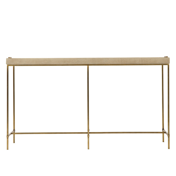 Minimalist console table with a beige textured top and slim metal legs, offering a chic and modern storage solution for any room, Front View.