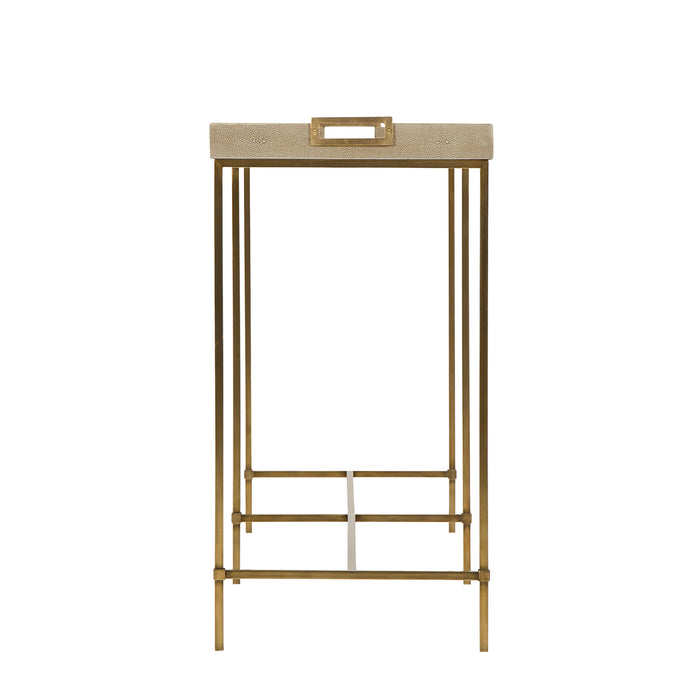 Minimalist console table with a beige textured top and slim metal legs, offering a chic and modern storage solution for any room, Side View.