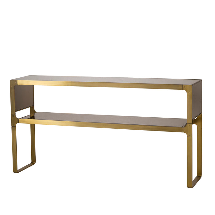 Sleek console table with a gold metal frame and glass shelves, offering a chic and contemporary addition to any living space, Angle View.