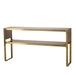 Sleek console table with a gold metal frame and glass shelves, offering a chic and contemporary addition to any living space, Angle View.