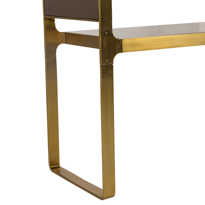 Sleek console table with a gold metal frame and glass shelves, offering a chic and contemporary addition to any living space, Detail View 1.