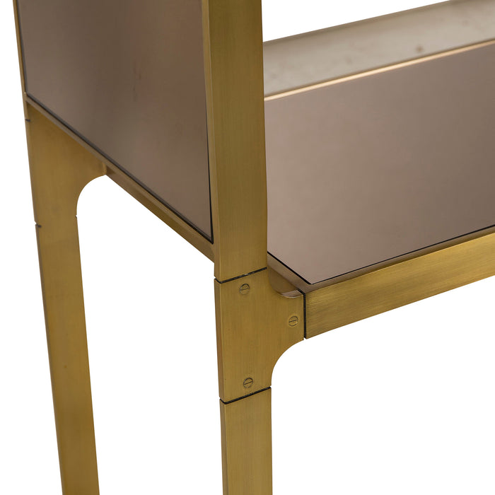 Sleek console table with a gold metal frame and glass shelves, offering a chic and contemporary addition to any living space, Detail View 2.