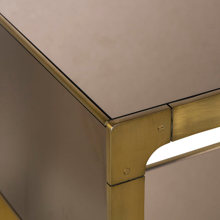 Sleek console table with a gold metal frame and glass shelves, offering a chic and contemporary addition to any living space, Detail View 1.
