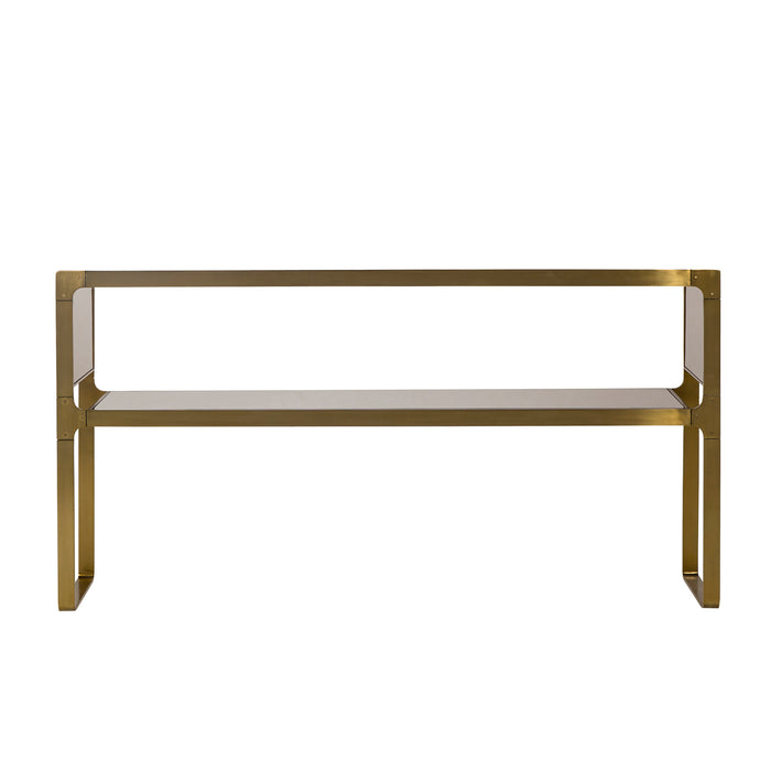 Sleek console table with a gold metal frame and glass shelves, offering a chic and contemporary addition to any living space, Front View.