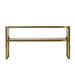 Sleek console table with a gold metal frame and glass shelves, offering a chic and contemporary addition to any living space, Front View.