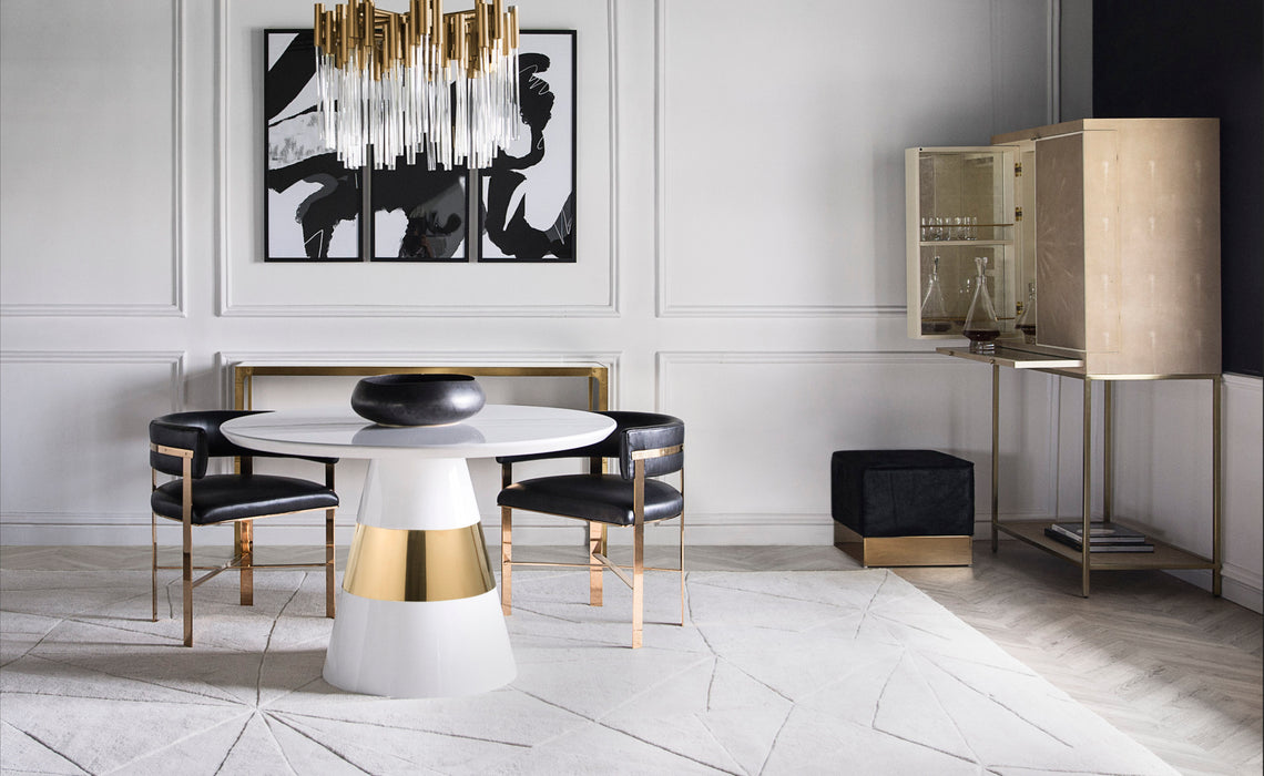 Sleek console table with a gold metal frame and glass shelves, offering a chic and contemporary addition to any living space, Living Room View 2.