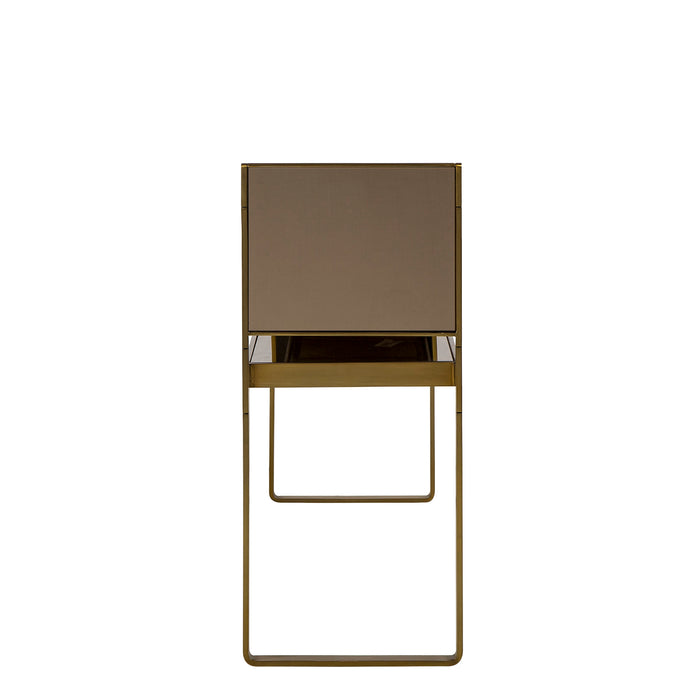 Sleek console table with a gold metal frame and glass shelves, offering a chic and contemporary addition to any living space, Side View.