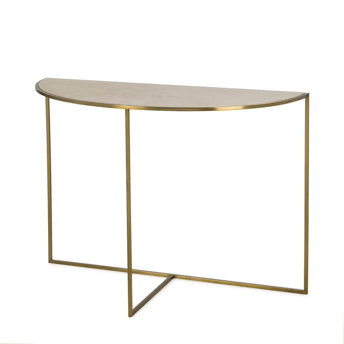 Half-moon console table with a beige textured top and thin metal legs, offering a sleek and elegant design for modern interiors, Angle View.