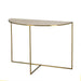 Half-moon console table with a beige textured top and thin metal legs, offering a sleek and elegant design for modern interiors, Angle View.