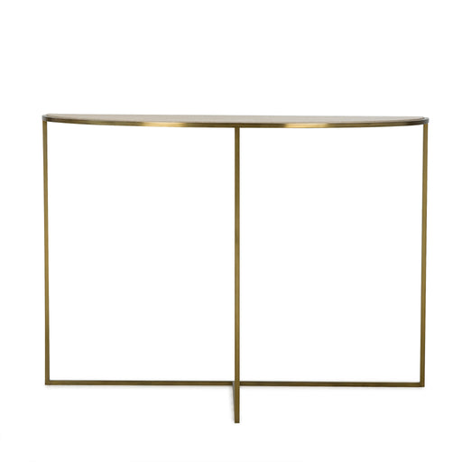 Half-moon console table with a beige textured top and thin metal legs, offering a sleek and elegant design for modern interiors, Front View.