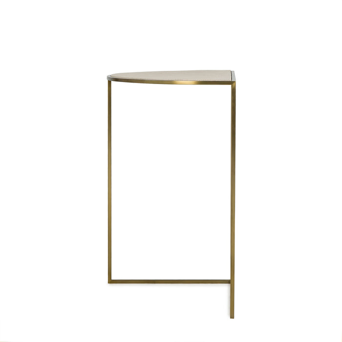 Half-moon console table with a beige textured top and thin metal legs, offering a sleek and elegant design for modern interiors, Side View.