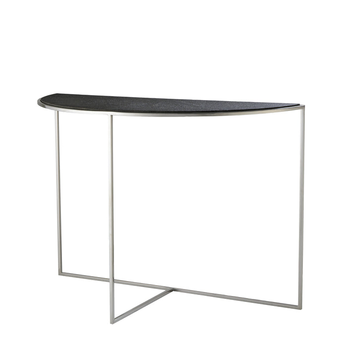 Modern half-moon console table with a black textured top and slim metal legs, offering minimalist elegance for entryways or living spaces, Angle View.