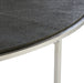 Modern half-moon console table with a black textured top and slim metal legs, offering minimalist elegance for entryways or living spaces, Detail View 1.