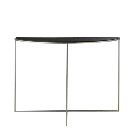 Modern half-moon console table with a black textured top and slim metal legs, offering minimalist elegance for entryways or living spaces, Front View.