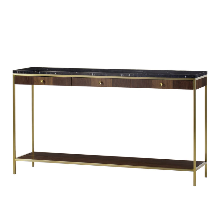 Small console table with a dark marble top, walnut veneer drawers, and gold metal legs, offering a luxurious and compact design for any room, Angle View.